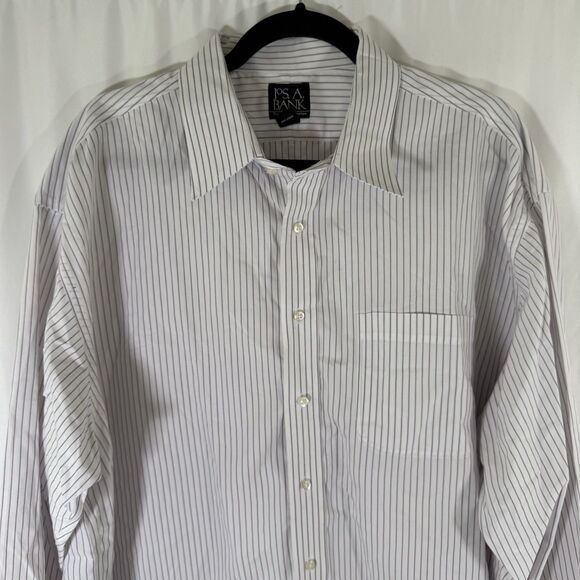 Jos A Banks Traveler's Shirt Mens 17.5 34 White Purple Striped Button Up Long Sl - Picture 2 of 11